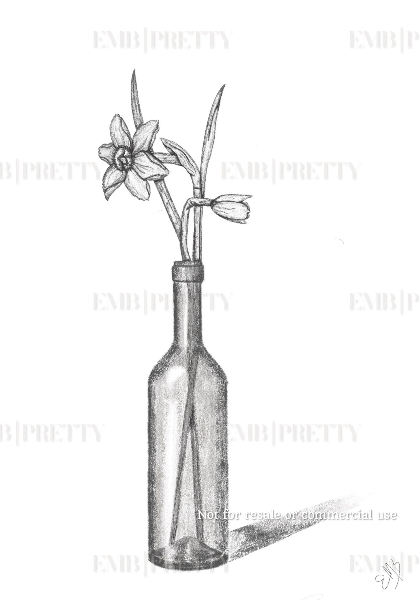 Bottle of Daffodils sketch DIGITAL poster - EMB Pretty